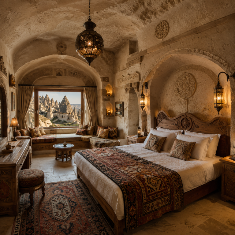 Una habitación de piedra con detalles artesanales.