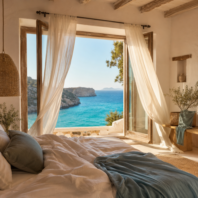 En una villa costera, con el mar entrando por la ventana.
